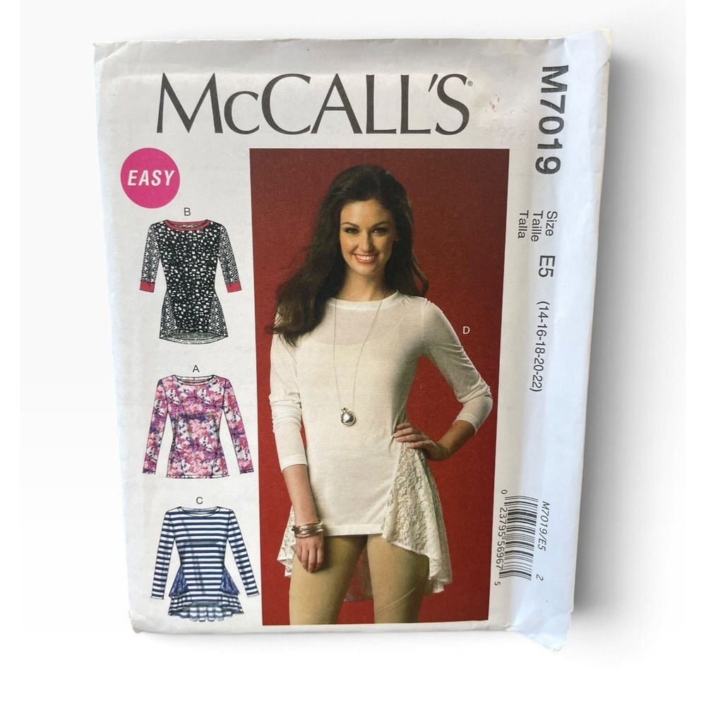 McCall's M7019 Pullover Tops Tunic Peplum Knit E5 (14-22) Easy Modern Uncut FF